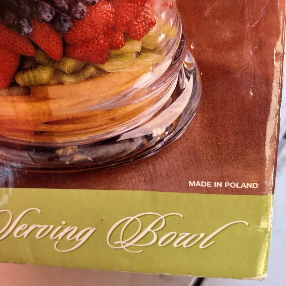 Large Clear Glass Serving Bowl Fruit Salad Centerpiece Poland w/ Original Box